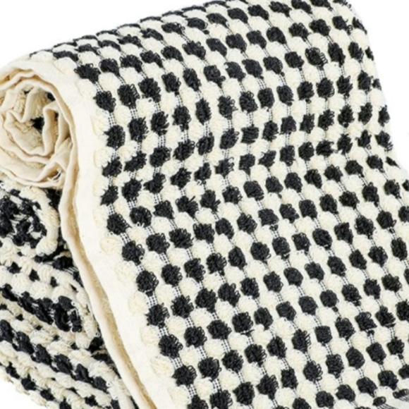 Turkish Cotton Spa Hair Peshtemal Hand Towel Black Ivory Pom Pom Houndstooth - Picture 5 of 8